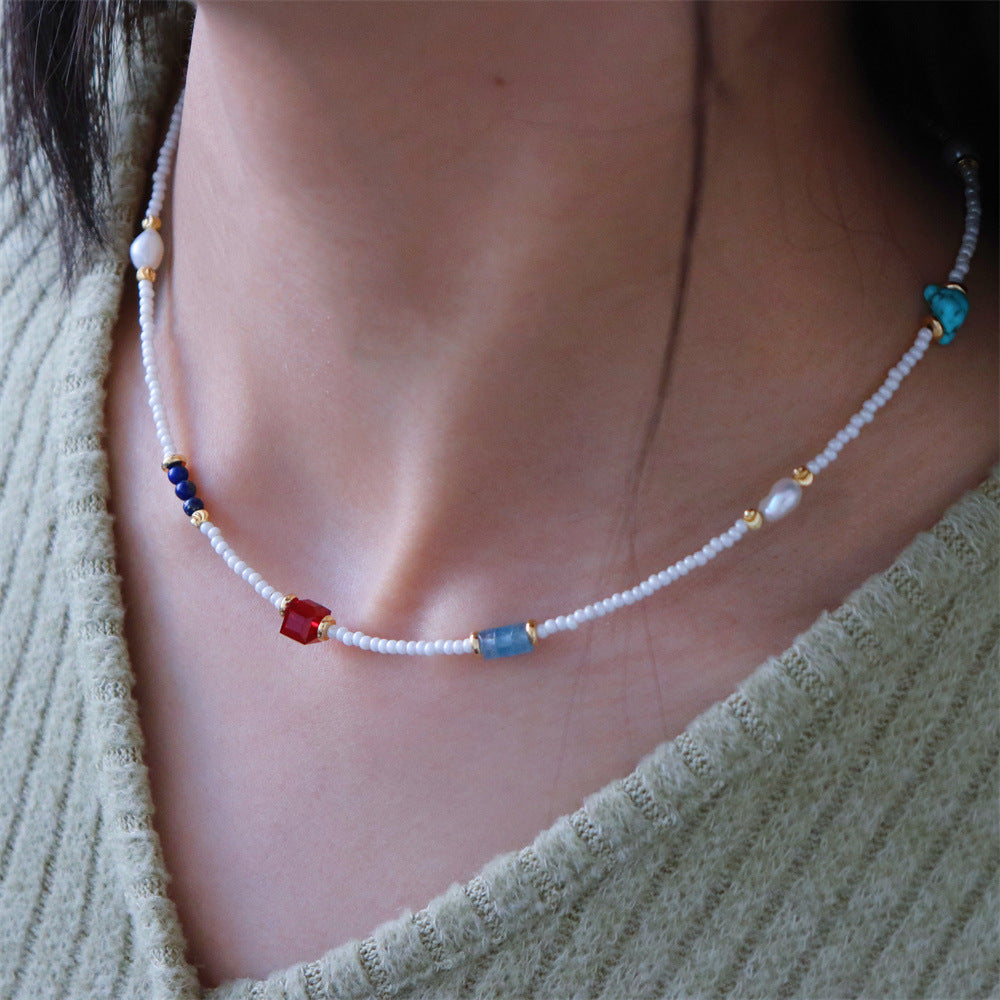 Wholesale Rice Beads Color Natural Stone Freshwater Pearl Handmade Beaded Clavicle Necklace