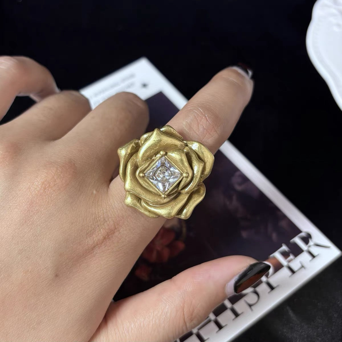 Wholesale  Multi-layer Three-dimensional Rose with Square Diamond  Ring