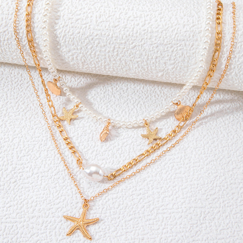 Wholesale  Pearl Necklace Starfish Shell Retro Vacation Niche Multi-layer Necklace