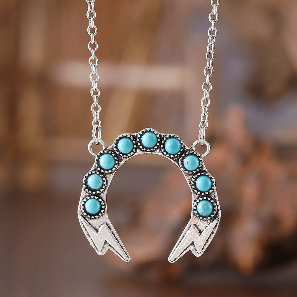 Wholesale Bohemian Style Turquoise Lightning Inlay Necklace Retro Zinc Alloy Electroplated Jewelry Accessory Boutique Resale