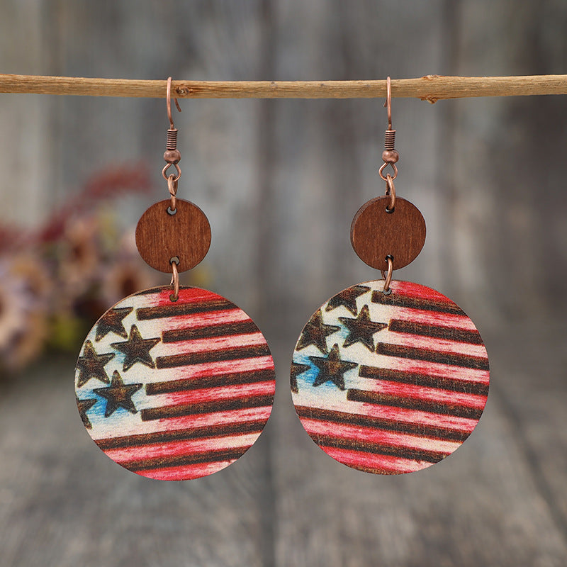 Wholesale retro style American Independence Day carved five-pointed star striped wooden earrings ear studs