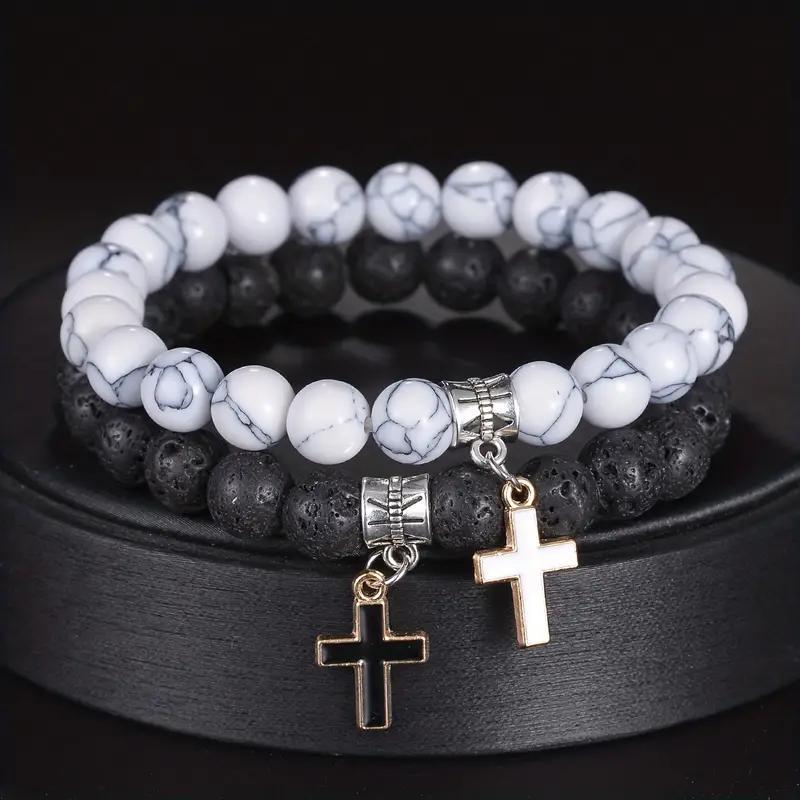 Wholesale Natural Stone Couple Bracelet Set With Cross Pendant Fashion Elastic Bead Bracelets Wedding Gift Boutique Resale