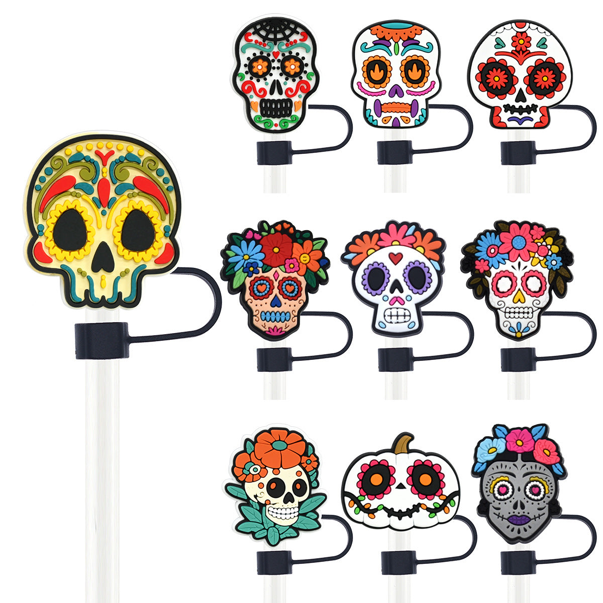 Wholesale Random 100pcs Day of the Dead Skull 10mm PVC Soft Straw Tube Cap ACC-SCR-RYY099