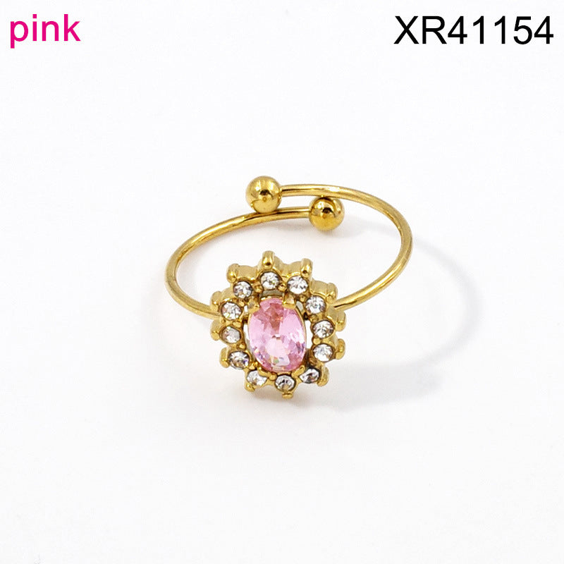 Wholesale Adjustable Flower Design Stainless Steel Open Ring with Colored Gemstones Fashion Jewelry Accessory