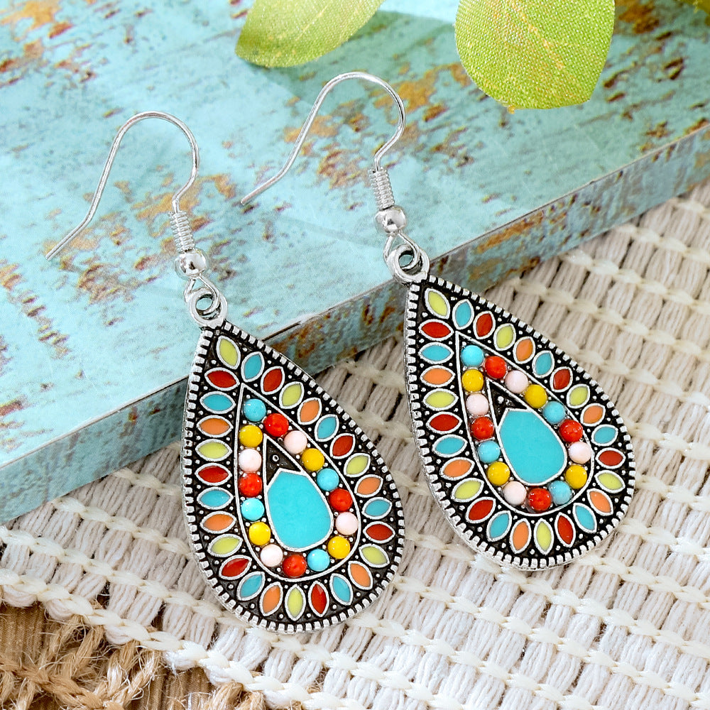 Wholesale Alloy Retro Ethnic Turquoise Bohemian Geometric Oil Drip Earrings Jewelry Accessory