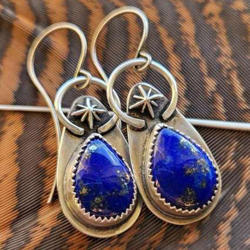 Wholesale  Lapis Lauerite Earrings  Ancient Silver Carved Metal Bamang Star Earrings