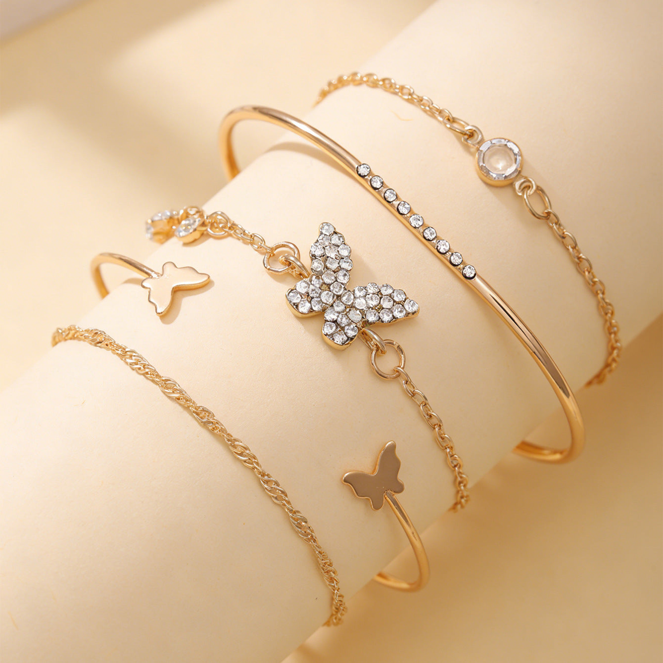 Wholesale Bohemian Butterfly Crystal Open Cuff Bracelet Set Gold Tone 5PCS Fashion Jewelry Boutique Resale Gift For Women