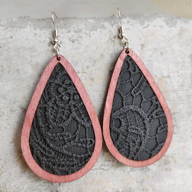 Wholesale 2 pairs/ pack Leather embossed teardrop wooden frame Bohemian earrings