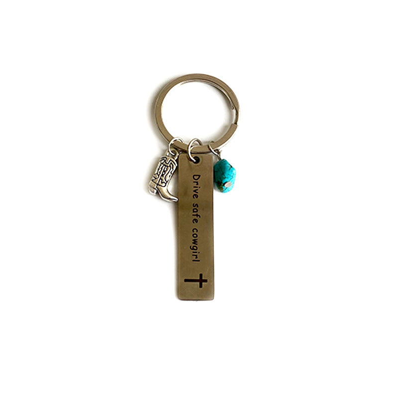 Wholesale Western Cowboy Boot Keychain With Turquoise Cross Cactus Horseshoe Metal Pendant Creative Textured Car Key Accessory