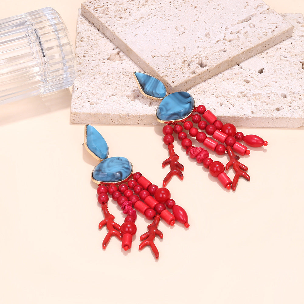 Wholesale  Ethnic Style Turquoise Handmade Beaded Coral Tassel Earrings