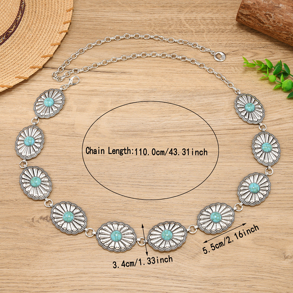 Wholesale Metal turquoise vintage carved waist chain