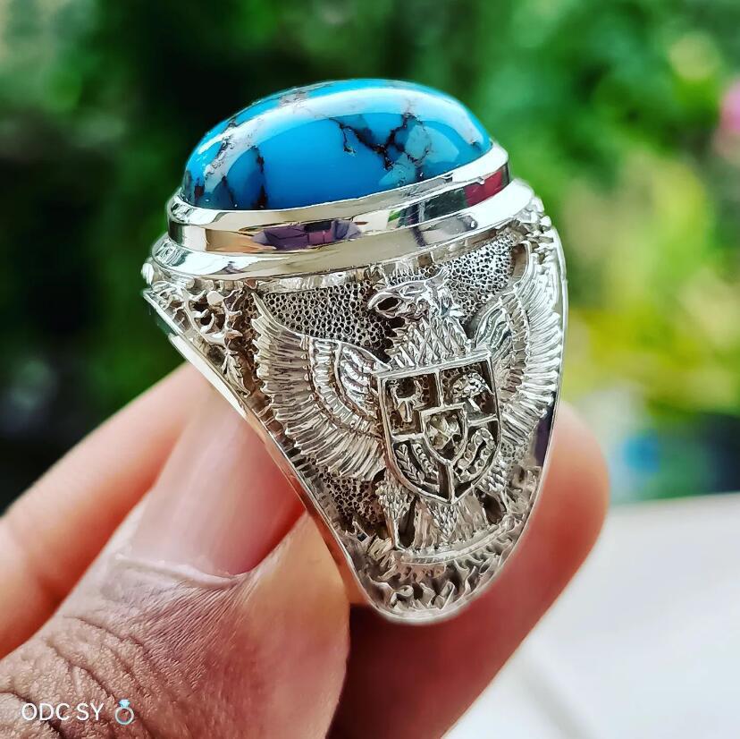 Wholesale alloy silver-plated turquoise retro double-headed eagle ring