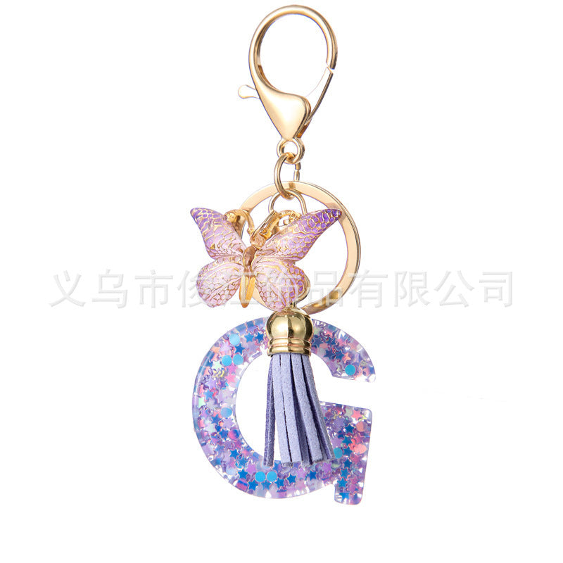 Wholesale Purple Star Tassel Resin Keychain 26 English Letters Bag Charm For Women Students Fashion Decorative Accessory