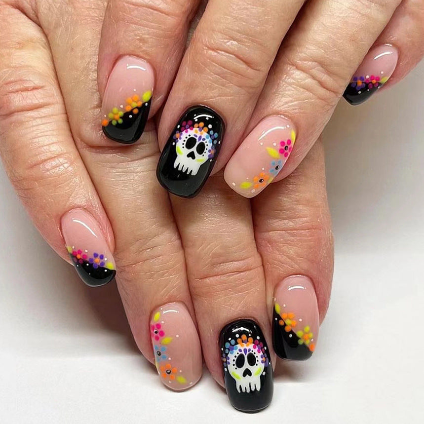 Wholesale 24 Pieces/box Halloween Skull Flowers Press-on Nails Kits Nail Stickers ACC-NS-GuaiXL080