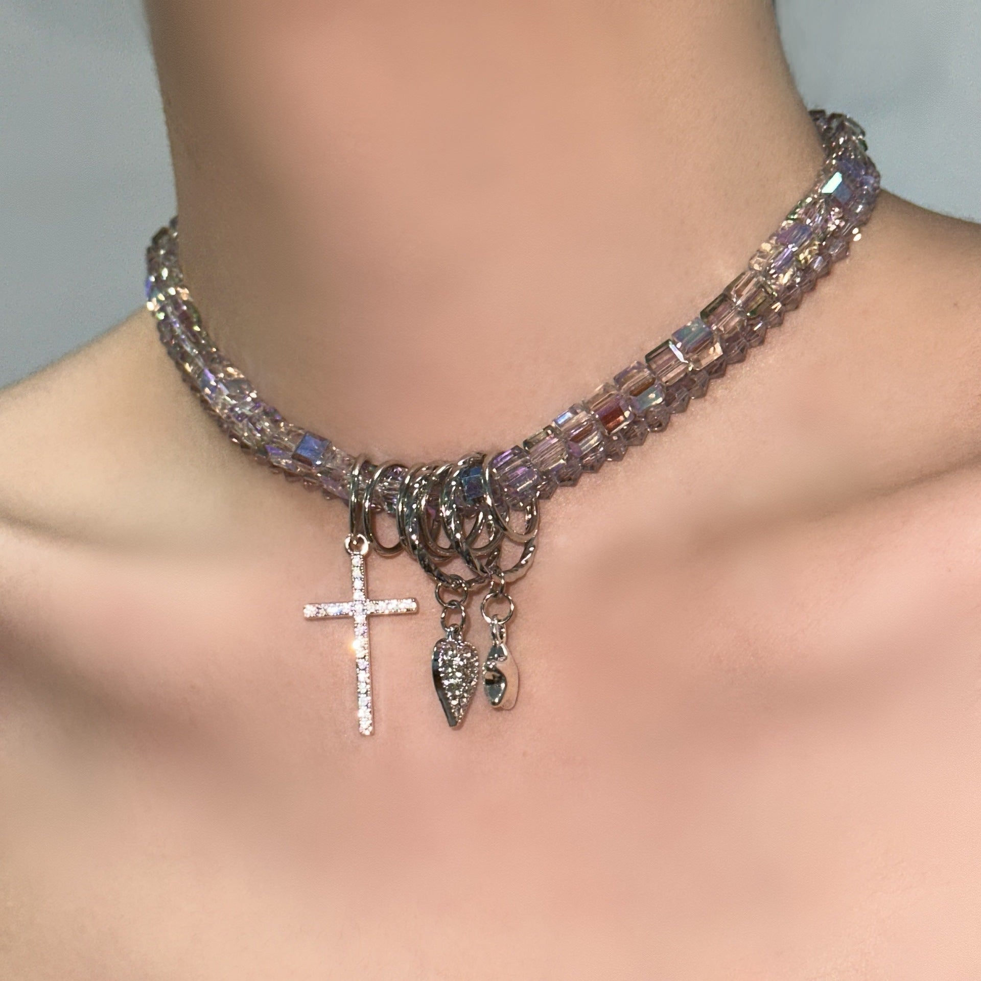 Wholesale Double-layer crystal beaded heart star personality cross tassel necklace