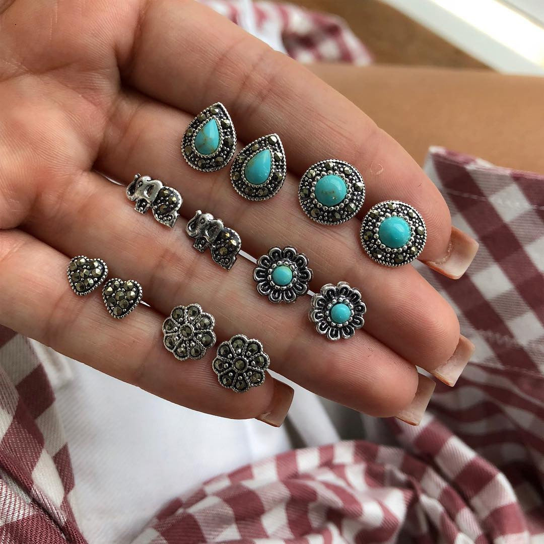 Wholesale Bohemian Turquoise Earrings Set 5 Pairs Jewelry Accessory Boutique Resale