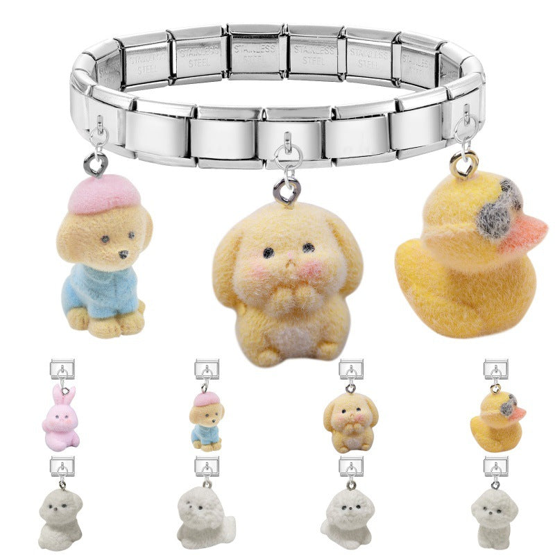 Wholesale 9mm Italian Charm Starter Bracelets DIY Cute Flocked Doll Pendant Stainless Steel Composable Bracelet