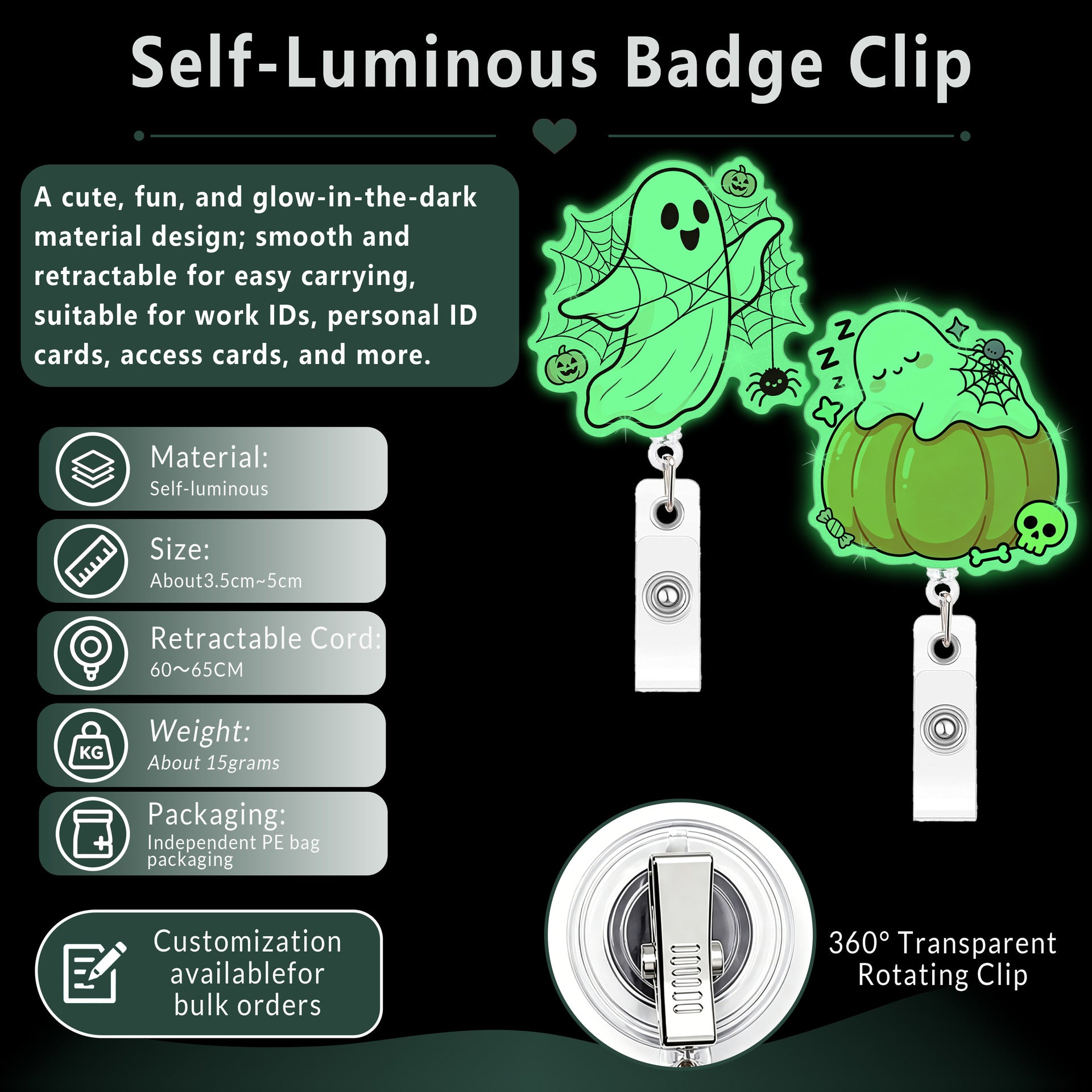 Wholesale Acrylic Glow In The Dark  Ghost Retractable Badge Reel For Boutique Resale