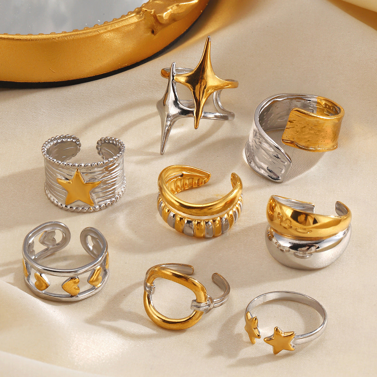 Wholesale Stylish Stainless Steel Star Ring for Women - Retro Geometric Design,  Gold and Steel Color,  Everyday Fashion Accessory