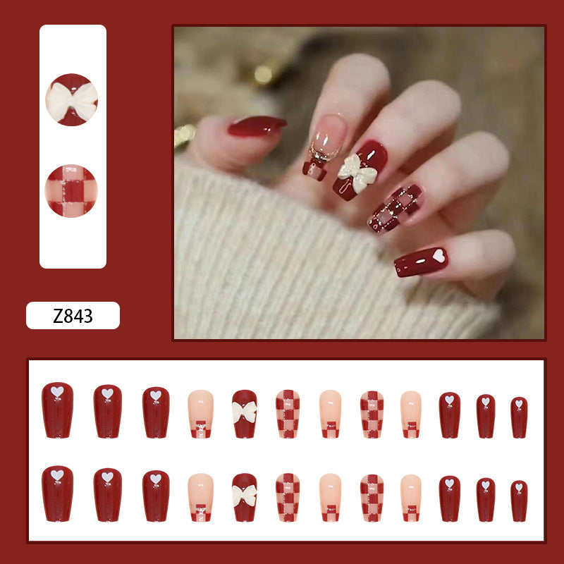 Wholesale 24 Pieces/box Red Chessboard Bow Nails Kits Nail Stickers