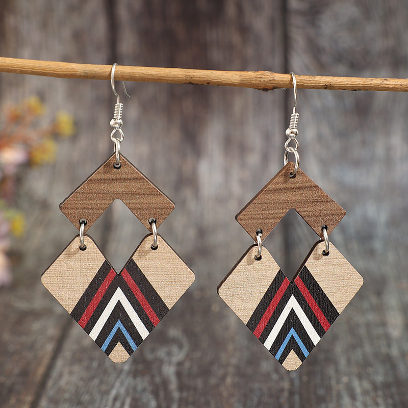 Wholesale Retro Wooden Two-Color Striped Double Diamond and Heart Earrings for Women