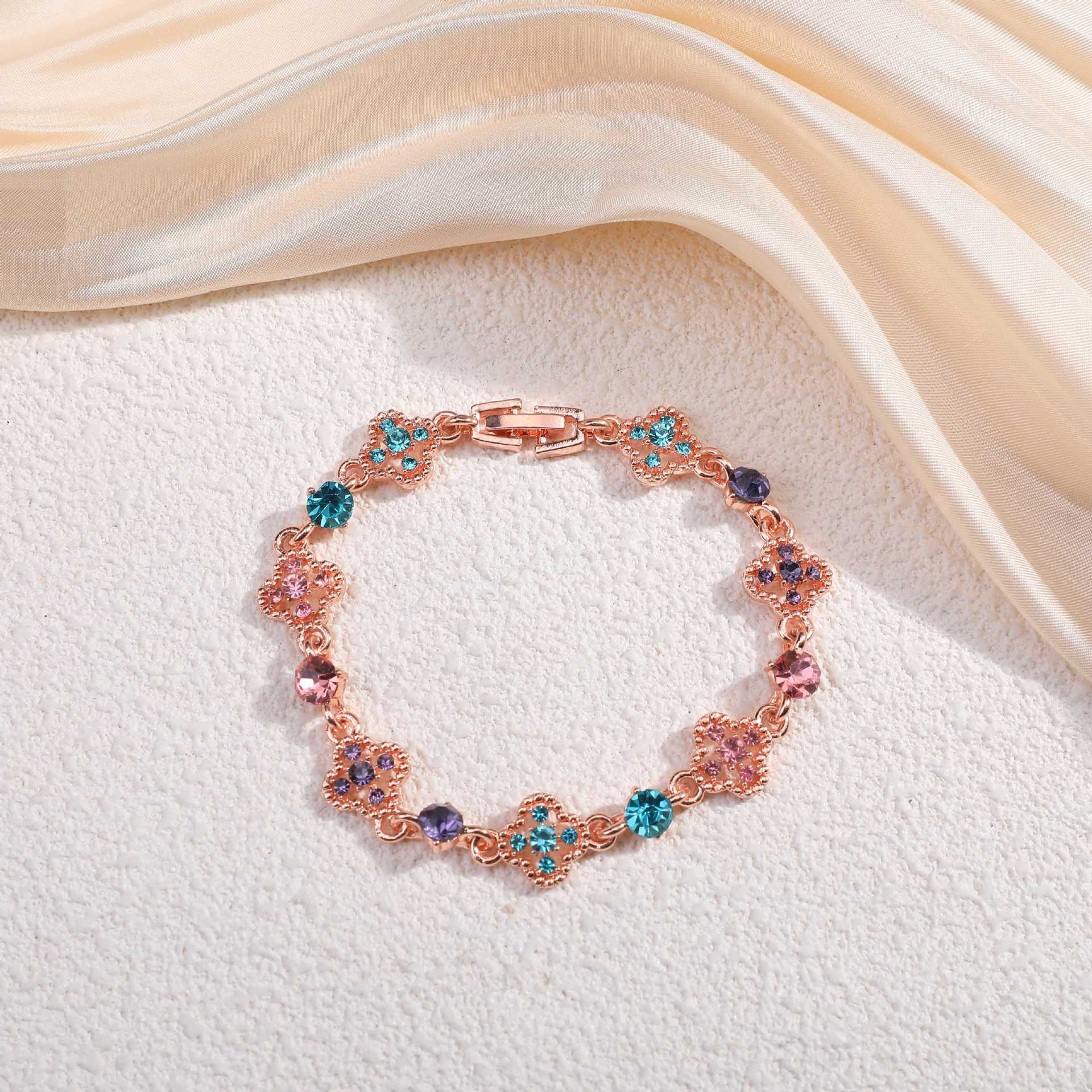 Wholesale Cross-Border New Style Light Luxury High-End Design Copper Bracelet with Diamonds and Colorful Four-Leaf Clover,  European and American Fashion Versatile Bracelet