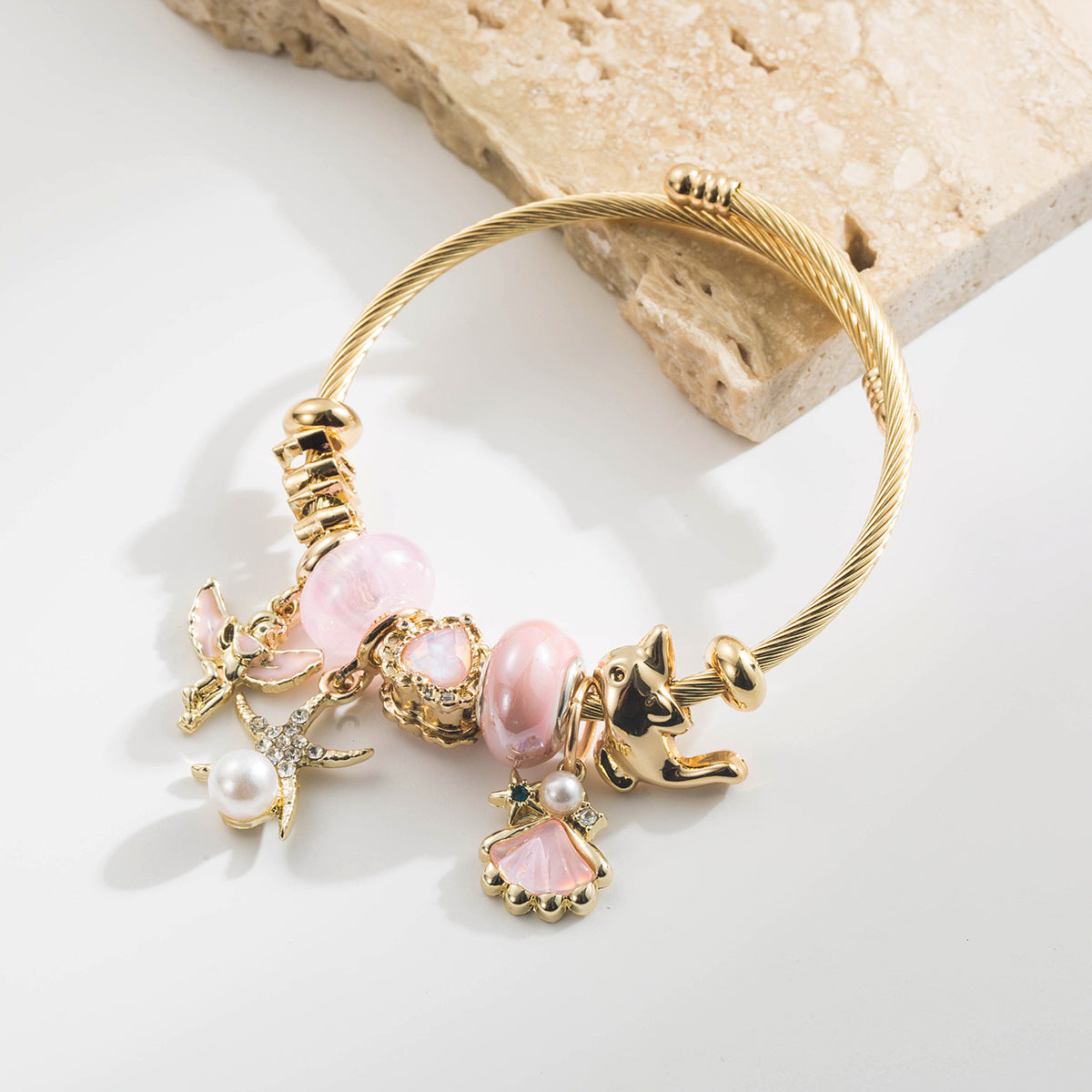 Wholesale Trendy Pearl Shell Starfish Bird Charm Bracelet Rhinestone Alloy Jewelry Accessory Gift