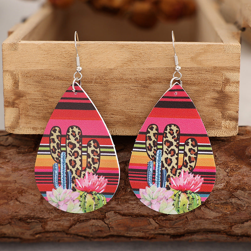 Wholesale  western style cactus leopard pattern drop-shaped leather earrings earrings