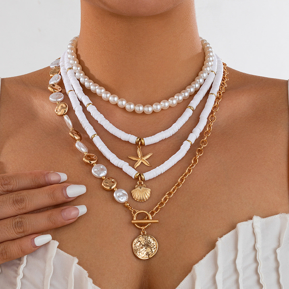 Wholesale  Beach Soft Pottery Pearl Stacked Stone Necklace