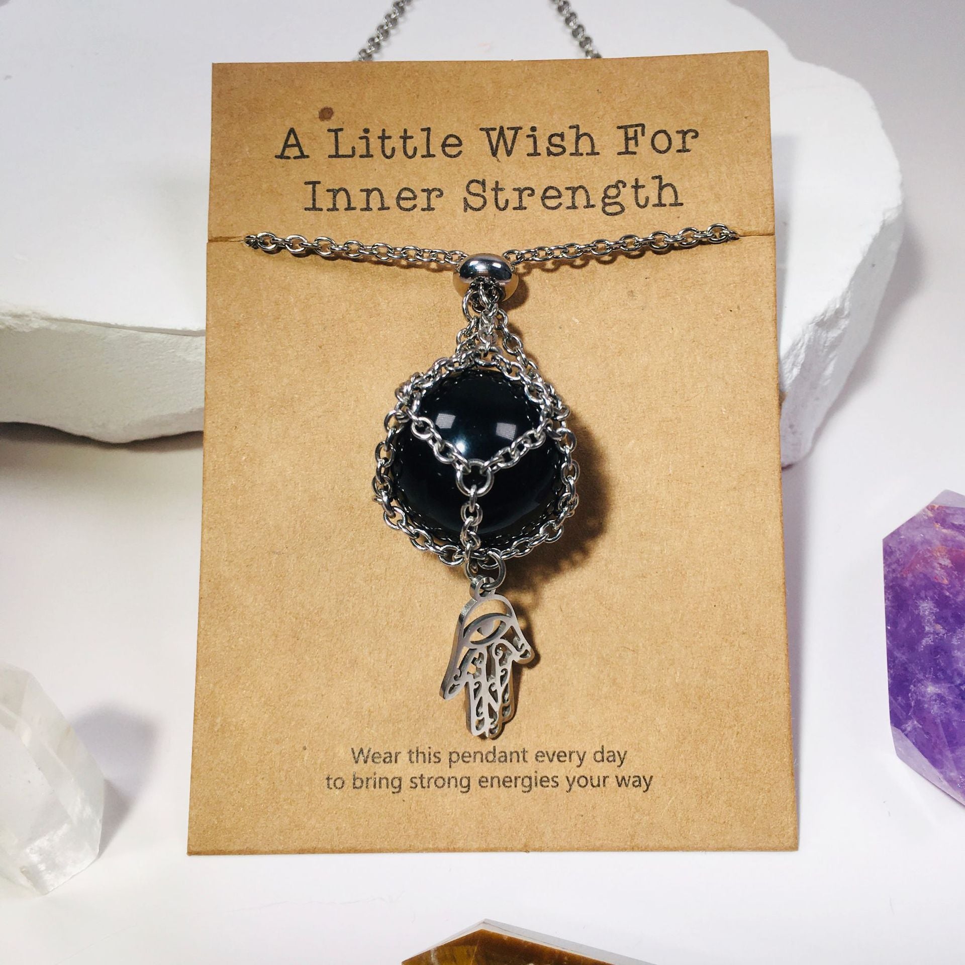 Wholesale Fatima Palm Replaceable Crystal Natural Stone Adjustable Metal Mesh Pocket Necklace ACC-NE-RongGuan004