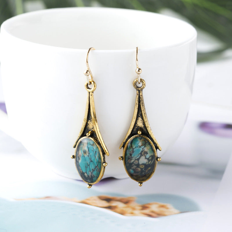 Wholesale Retro Gold Marble Drop Flower Earrings,  Turquoise Ear Hook,  Chic Jewelry Accessory,  Gift for Her
