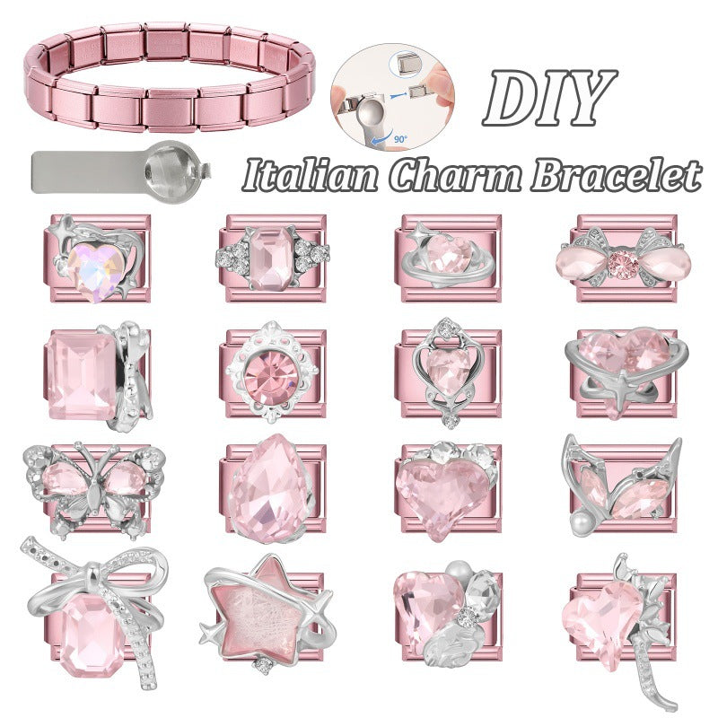 Wholesale Little Fresh Modular Bracelet with Pink Zircon Charms Stainless Steel Jewelry Accessory for Boutique Resale
