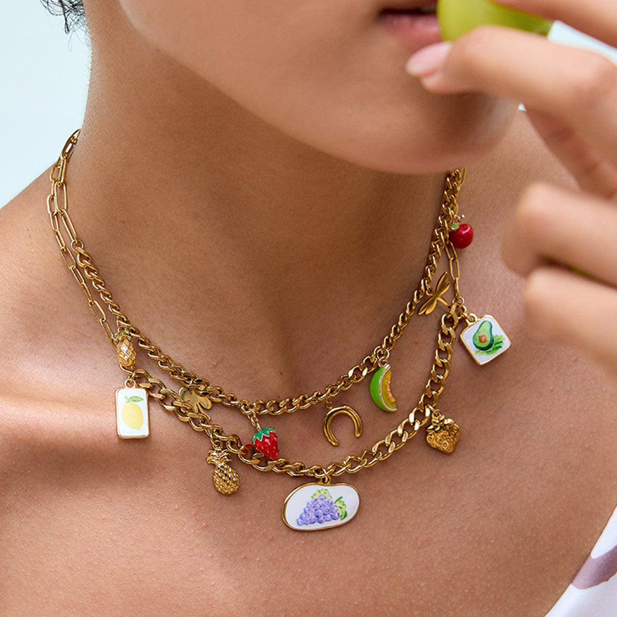 Wholesale 18K Gold Stainless Steel Oil Drop Printed Fruit Pendant Necklace