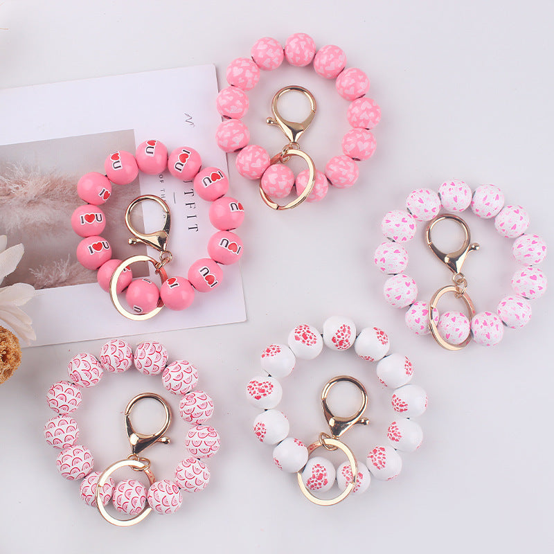 Wholesale  Creative DIY Valentine's Day Wooden Beads Beaded Bracelet Keychain