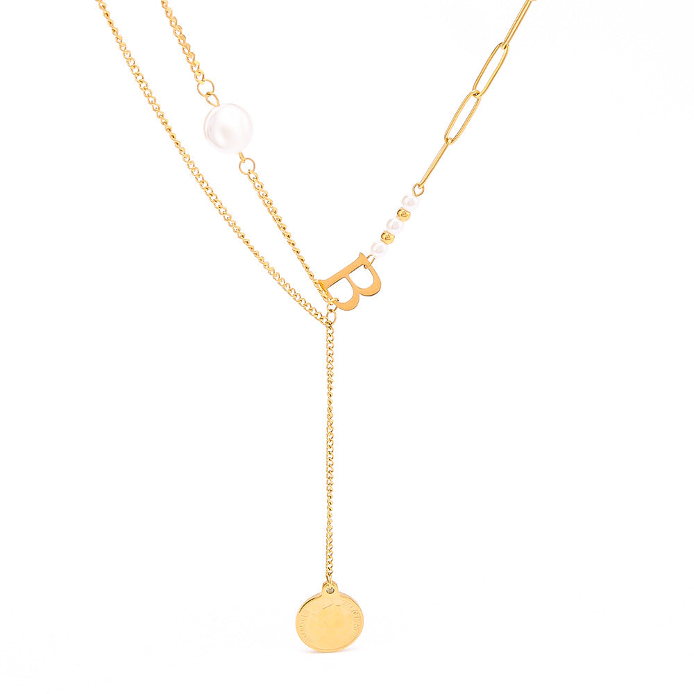 Wholesale  Baroque Goddess Head Pendant Flat Pearl Letter Asymmetric Double Chain Necklace