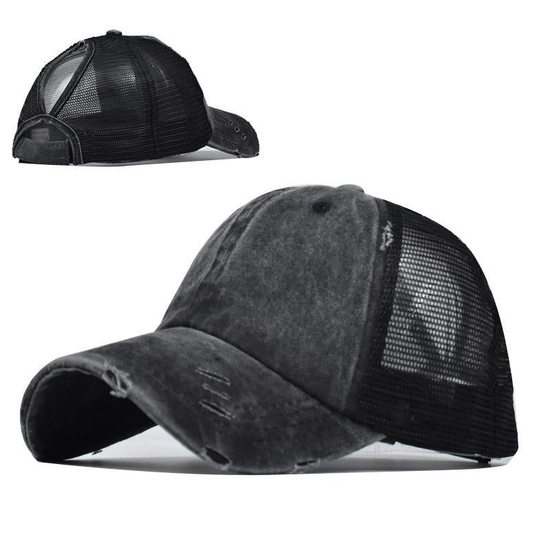 Wholesale Fashion Distressed Ponytail Baseball Cap For Women Curved Brim Adjustable Mesh Sun Hat Outdoor