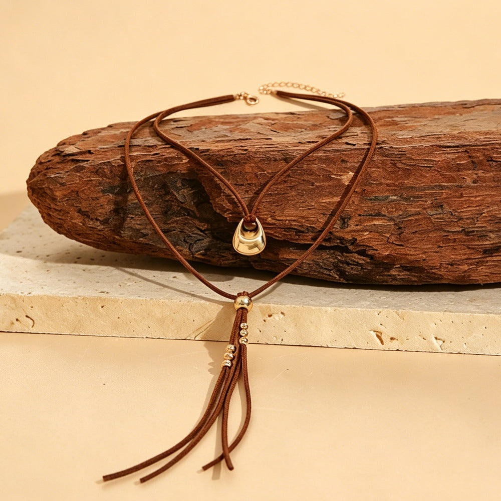 Wholesale Stylish Double Layer Ethnic Necklace Wax Rope Chain With Gold Tone Alloy Pendant Chic Layering Jewelry For Everyday Casual Wear Boutique Resale