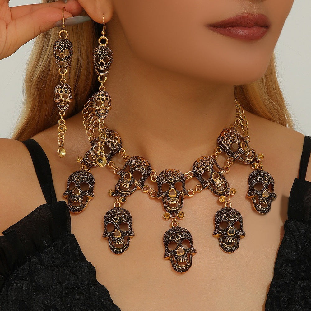 Wholesale Gold Tone Alloy Skull Jewelry Set - Punk Retro Necklace and Earrings for