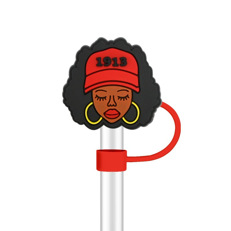 Wholesale 100pcs randomly black girl fashion series straw covers,  10mm soft silicone straw tube cap.