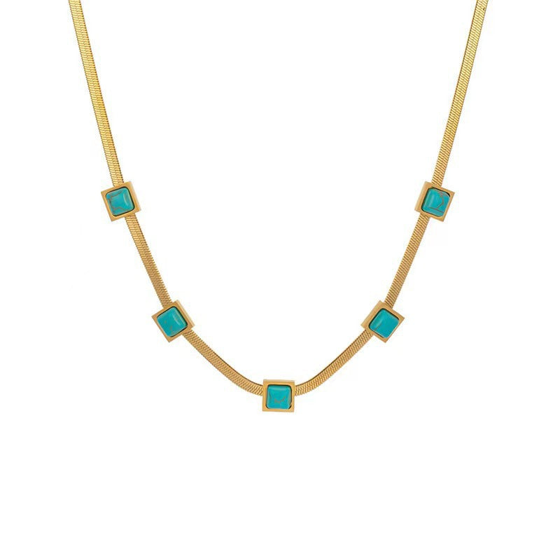 Chaîne de clavicule carrée turquoise en gros collier en acier titane bohème