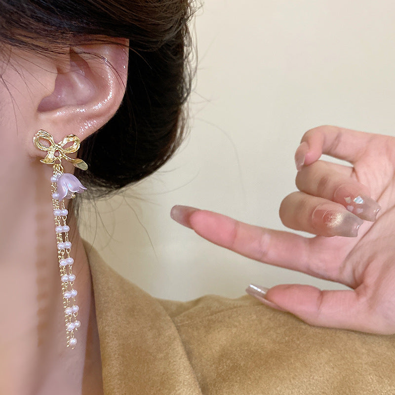 Wholesale Bow Romantic Purple Lan Ling Hua Su Pearl S925 Silver Needle Earrings Bow Earrings Pearl Earrings ACC-ES-HanJue001