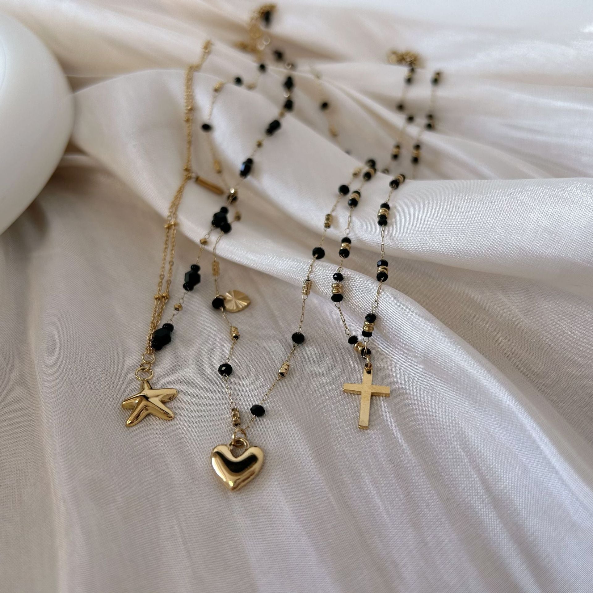 Wholesale Black Agate Bead Necklace Starfish Cross Love Pendant Stainless Steel Jewelry