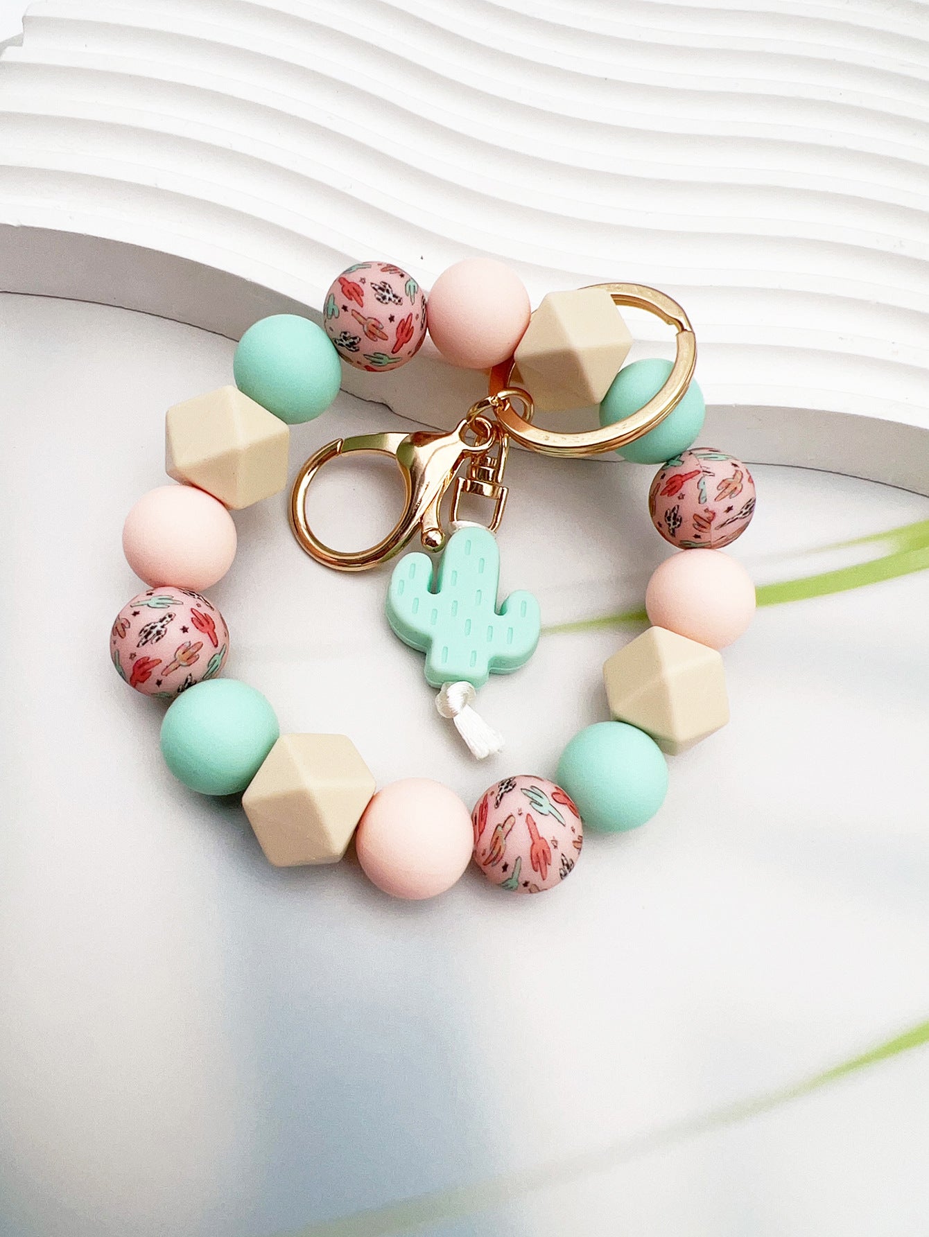 Wholesale Cactus Printed Silicone Beaded Keychain ACC-KC-JiuYa003