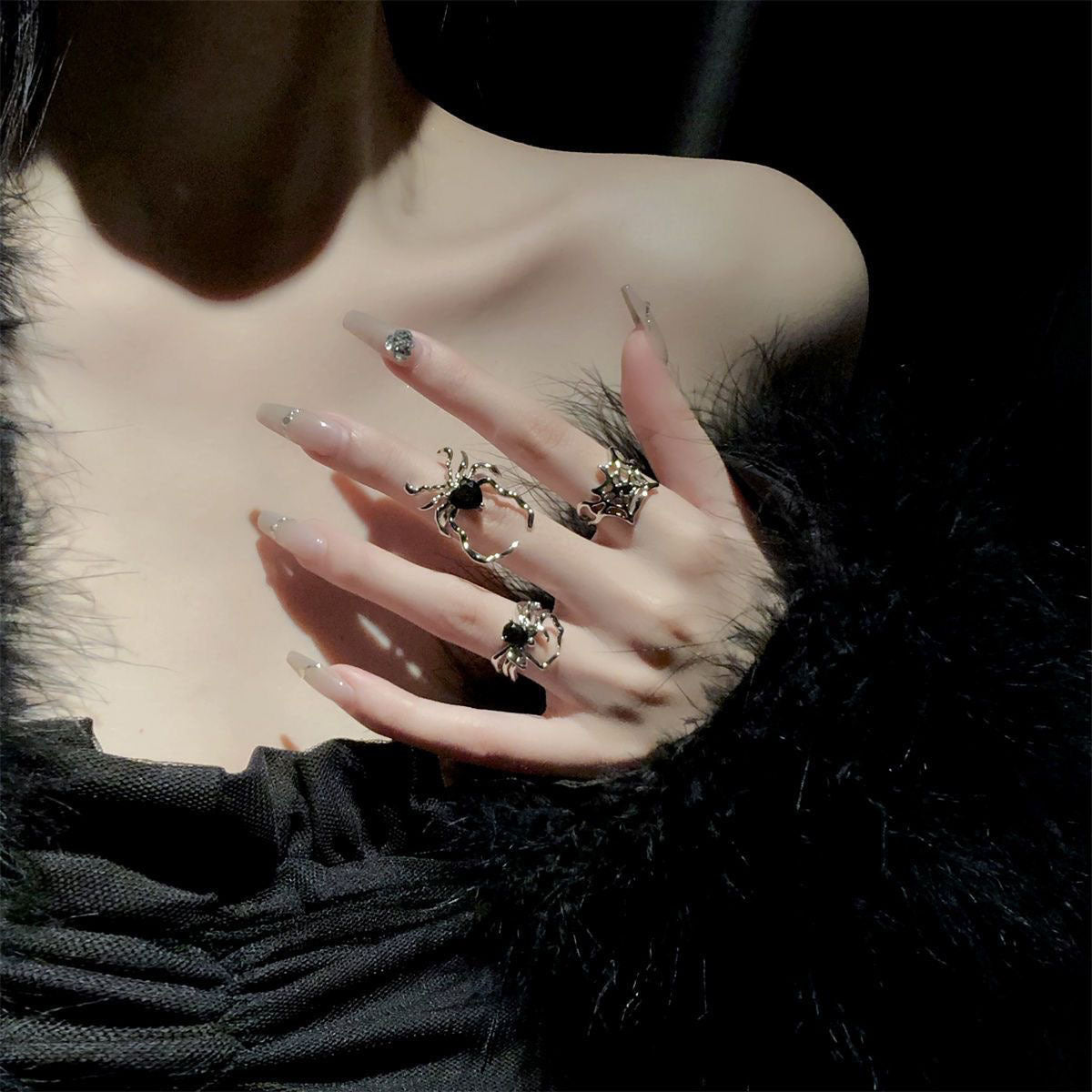 Wholesale European and American Dark Retro Black Gemstone  Nail Ring with Niche Design,  Minimalist Style,  Open-Ended Personality Ring