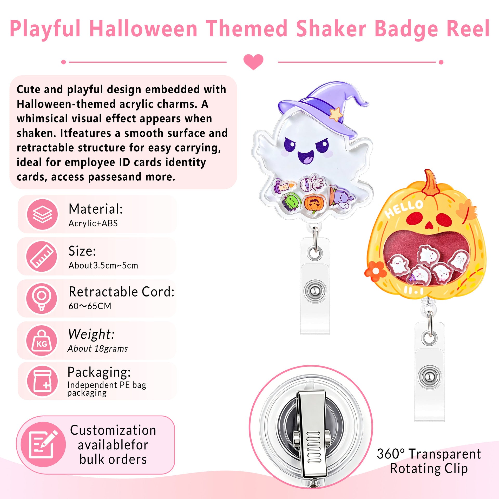 Wholesale Shake-Shake  Acrylic Ghost Pumpkin Easy-Pull Buckle Cute Telescopic ID Holder Decompression Decoration Badge Holder