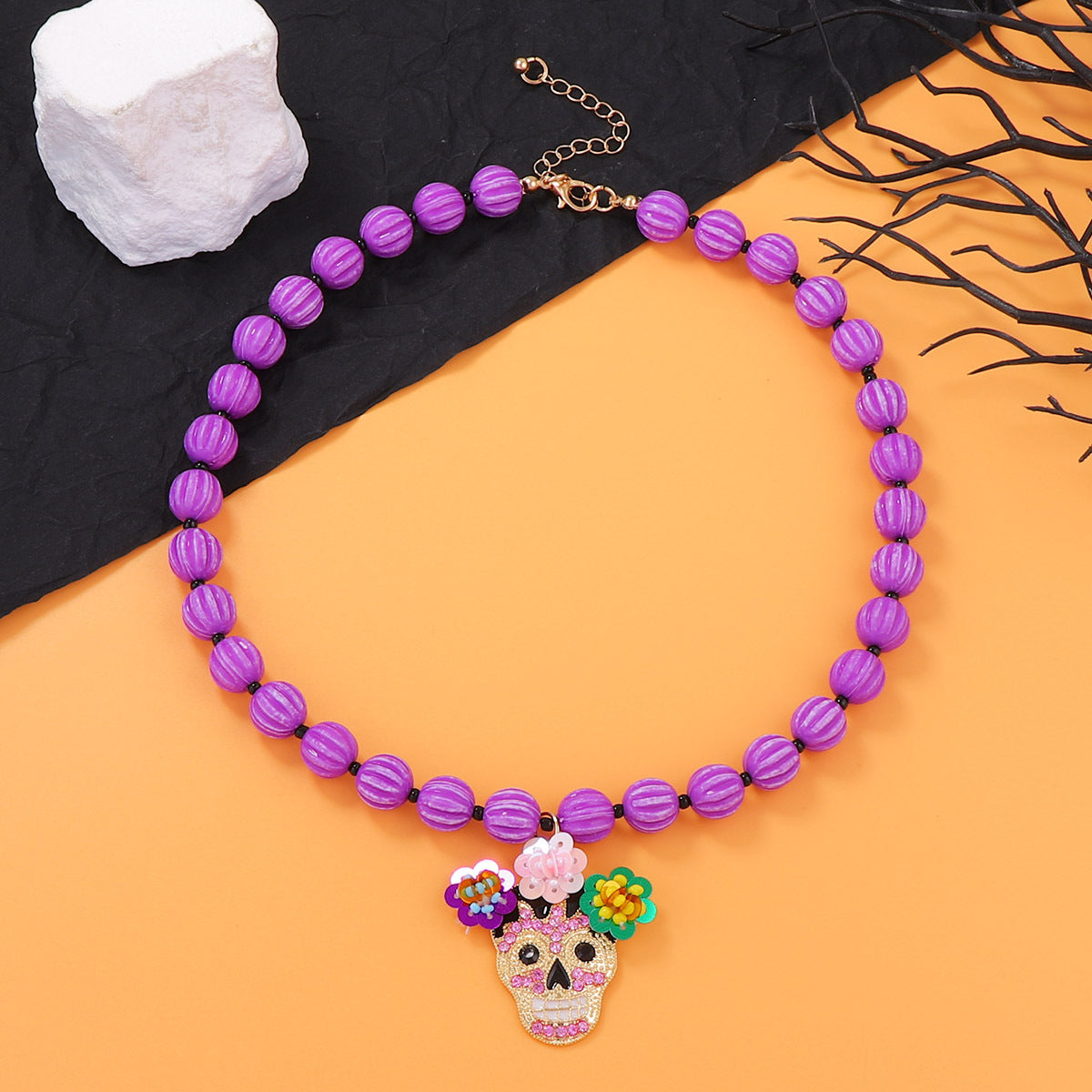Wholesale  Beaded Alloy Inlaid Zircon Skull Necklace