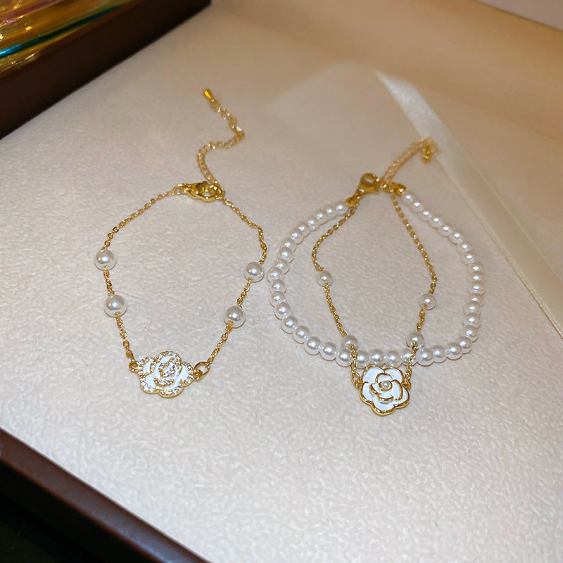 Wholesale drop oil camellia double row pearl bracelet