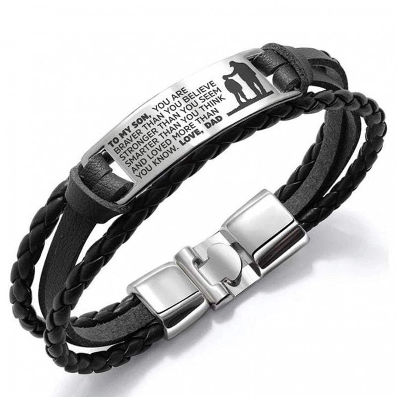 Wholesale Leather Steel Plate Bracelet,  Black Woven Steel Plate with Engraved Text,  Stainless Steel Tongue Clasp Leather Bracelet,  Three-Layer Leather Steel Plate Bracelet