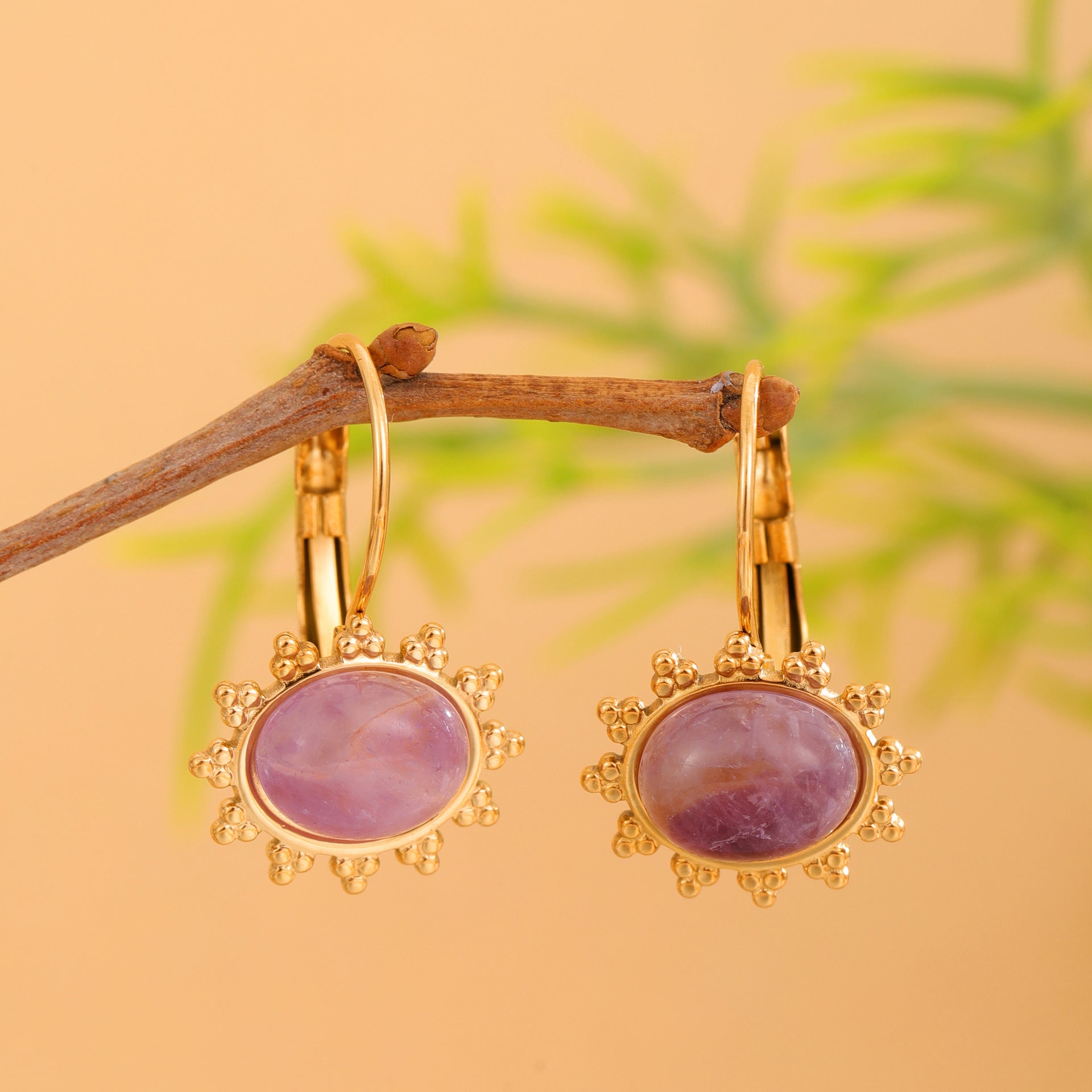 Wholesale Stainless Steel Golden Flower  Natural Stone Pendant Earrings