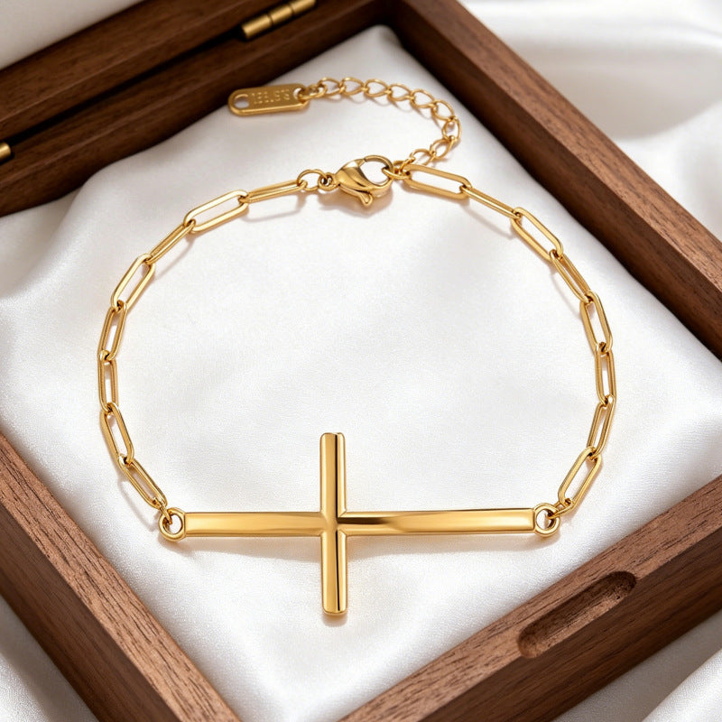 Wholesale Gold Plated Stainless Steel Cross Bracelet Unisex Fashion Jewelry Accessory for Boutique Resale